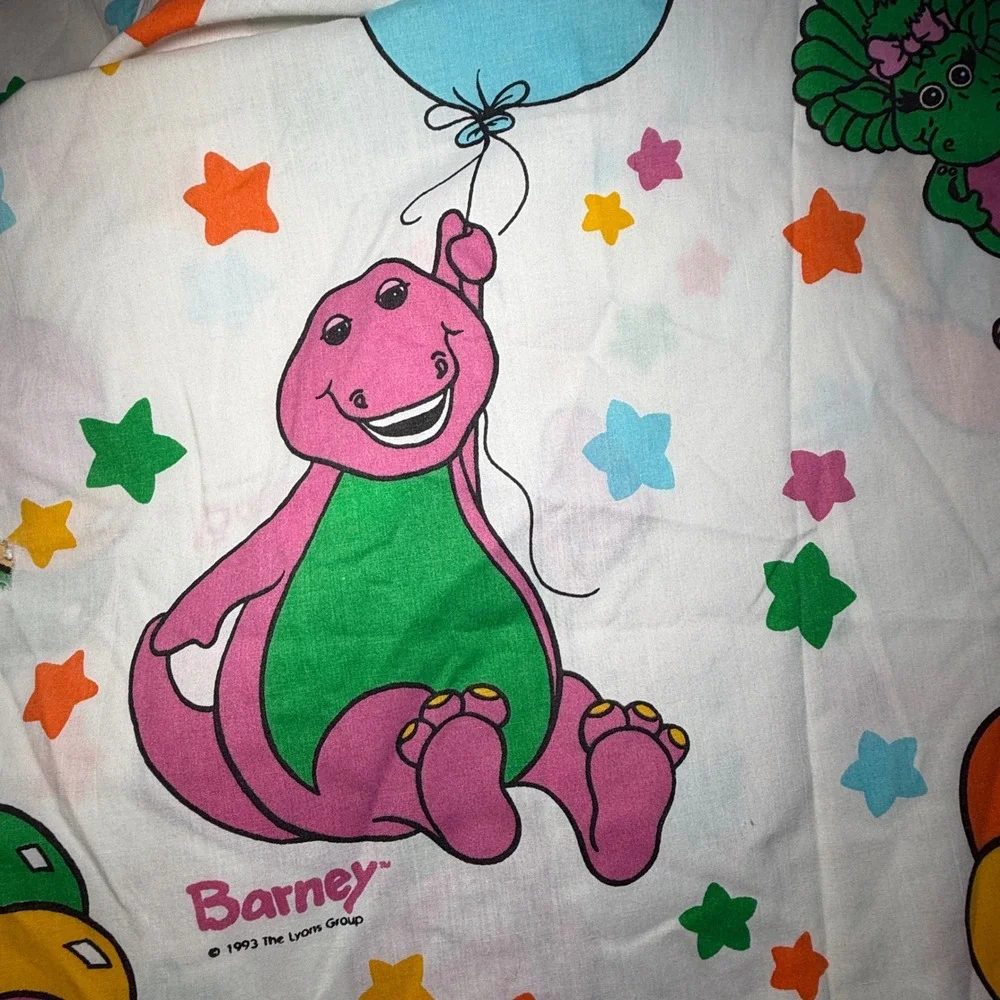 Vtg 93 Barney & Friends Flat Sheets‎ Royalton Baby Bop Balloons Stars Fabric 2pc